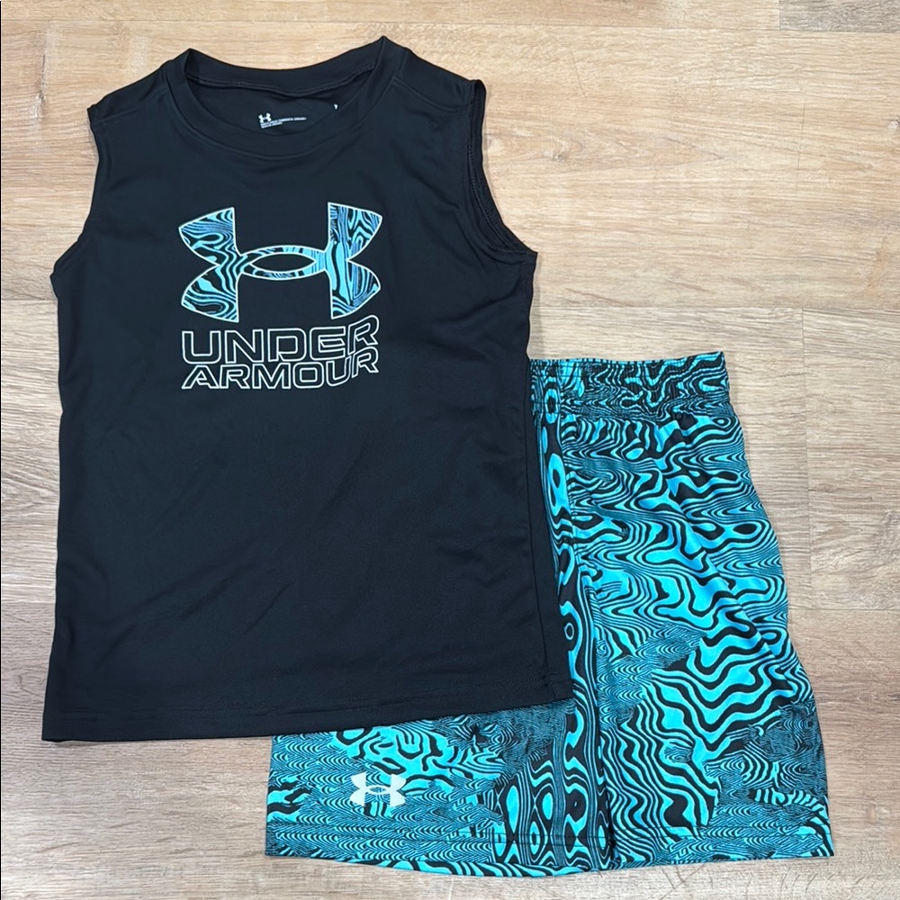 Under Armour Black Tank and Blue Patterned Shorts Set